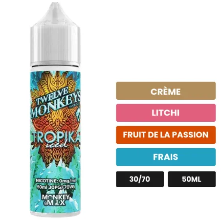 E-liquide Tropika Iced de 12 Monkeys, 50 ml, saveurs crème, litchi, fruit de la passion et 1 autre, sans nicotine — prêt à.