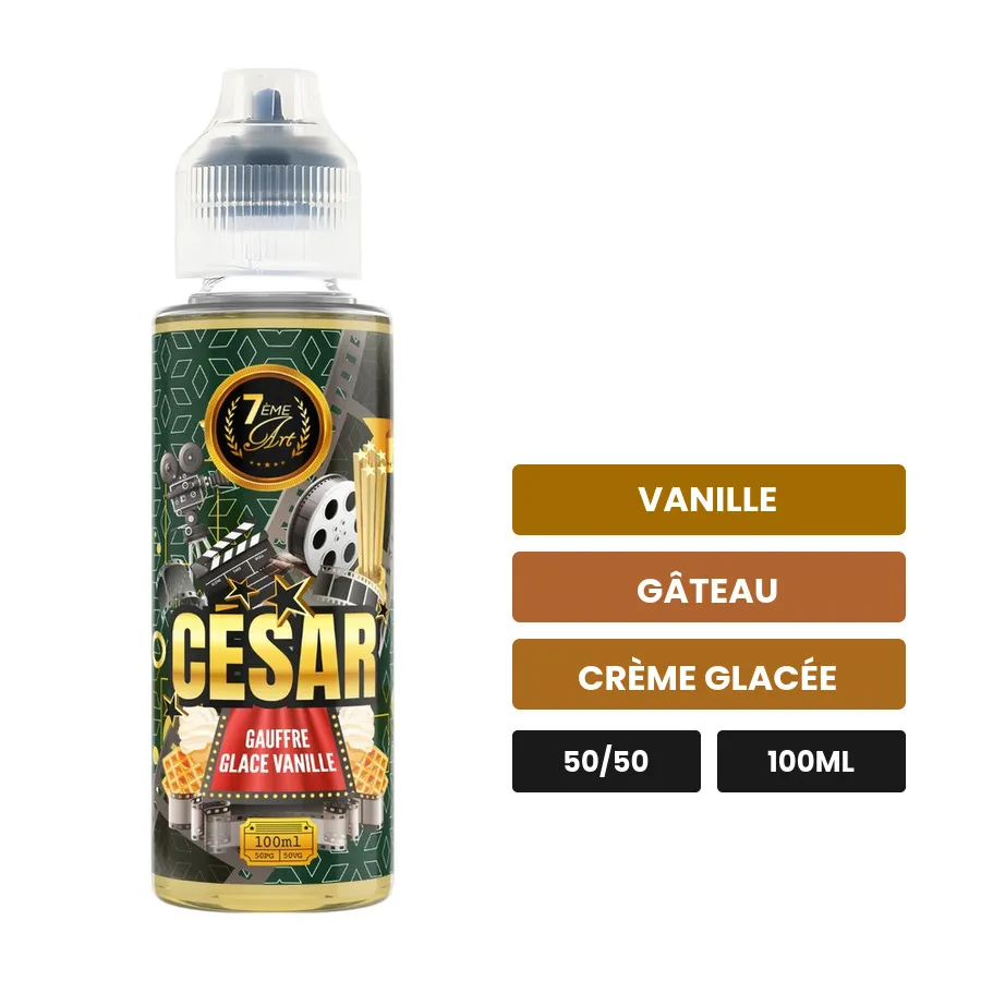 E-liquide César de 7ème Art, 100 ml, saveurs vanille, gâteau et crème glacée, sans nicotine — prêt à booster de nicotine.