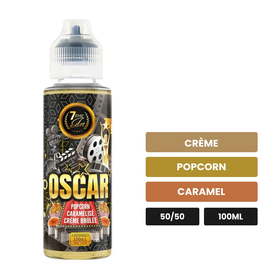 E-liquide Oscar de 7ème Art, 100 ml, saveurs crème, popcorn et caramel.
