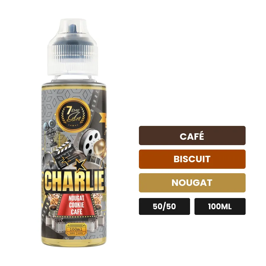 E-liquide Charlie de 7ème Art, 100 ml, saveurs café, biscuit et nougat, sans nicotine — prêt à booster de nicotine.