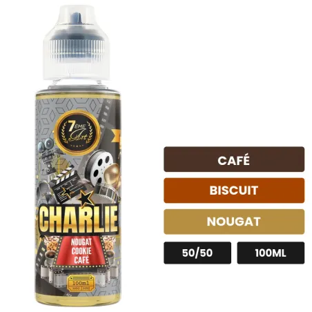 E-liquide Charlie de 7ème Art, 100 ml, saveurs café, biscuit et nougat, sans nicotine — prêt à booster de nicotine.