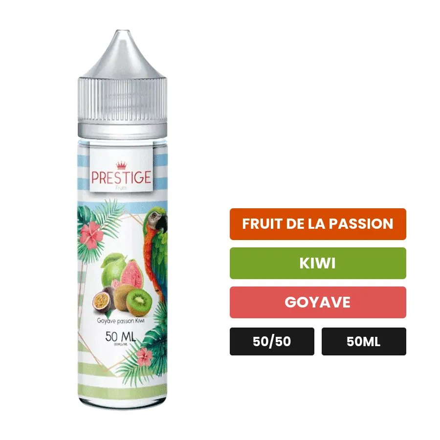 E-liquide Kiwi Passion Goyave de Prestige Fruits, 50 ml, saveurs fruit de la passion, kiwi et goyave.