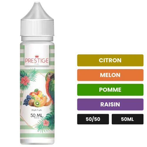 E-liquide Multifruits de Prestige Fruits, 50 ml, saveurs citron, melon, pomme et 2 autres.
