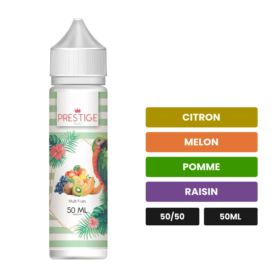 E-liquide Multifruits de Prestige Fruits, 50 ml, saveurs citron, melon, pomme et 2 autres.