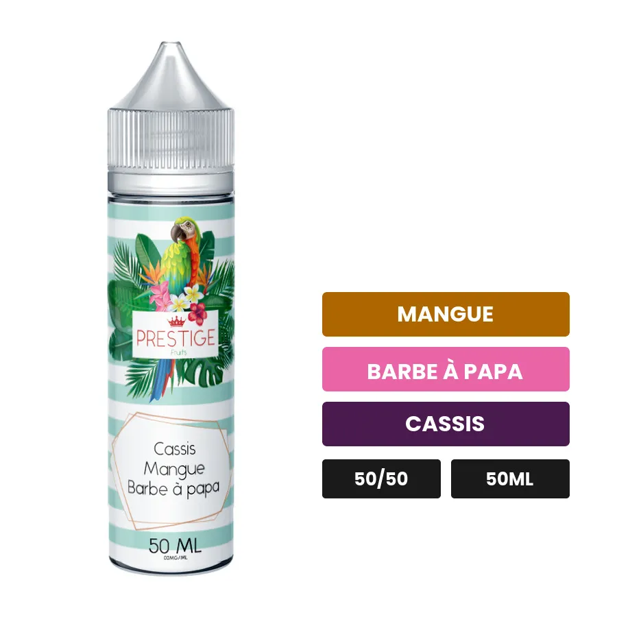E-liquide Cassis Mangue Barbe À Papa de Prestige Fruits, 50 ml, saveurs mangue, barbe à papa et cassis.