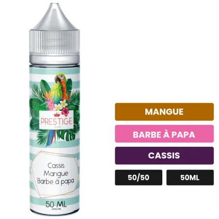 E-liquide Cassis Mangue Barbe À Papa de Prestige Fruits, 50 ml, saveurs mangue, barbe à papa et cassis.