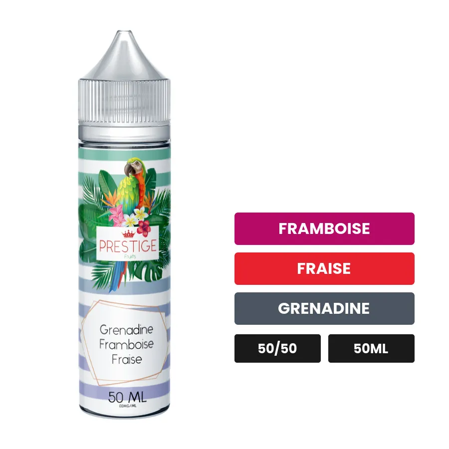 E-liquide Grenadine Framboise Fraise de Prestige Fruits, 50 ml, saveurs framboise, fraise et grenadine.