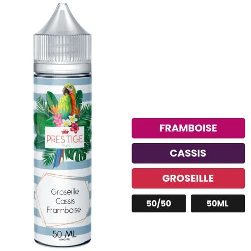 E-liquide Groseille Cassis Framboise de Prestige Fruits, 50 ml, saveurs framboise, cassis et groseille.