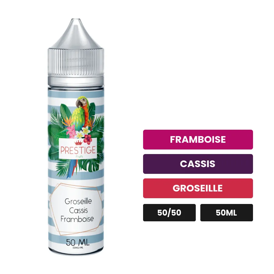 E-liquide Groseille Cassis Framboise de Prestige Fruits, 50 ml, saveurs framboise, cassis et groseille.