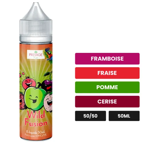 E-liquide Wild Fusion Oasis de Prestige Fruits, 50 ml, saveurs framboise, fraise, pomme et 2 autres.