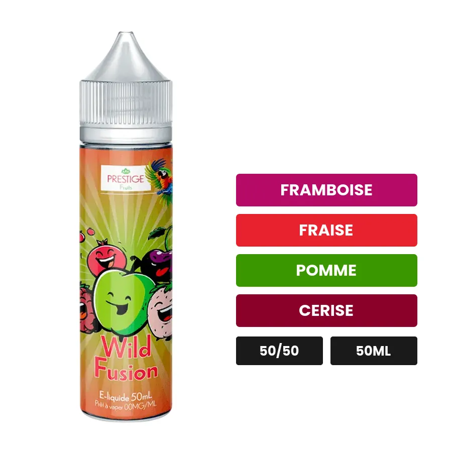 E-liquide Wild Fusion Oasis de Prestige Fruits, 50 ml, saveurs framboise, fraise, pomme et 2 autres.