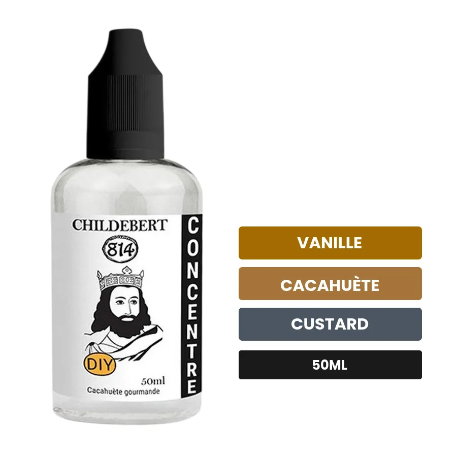 Arome concentre Childebert de 814, 50 ml, saveurs vanille, cacahuète et custard.
