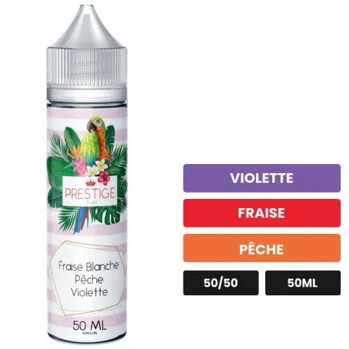 E-liquide Fraise Blanche, Pêche, Violette de Prestige Fruits, 50 ml, saveurs violette, fraise et pêche, sans nicotine — prêt.