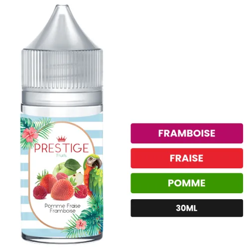 Arome concentre Pomme, Fraise, Framboise de Prestige Fruits, 30 ml, saveurs framboise, fraise et pomme, sans nicotine —.