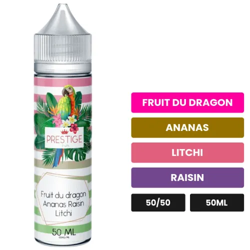 E-liquide Fruit Du Dragon Ananas Raisin Litchi de Prestige Fruits, 50 ml, saveurs fruit du dragon, ananas, litchi et 1 autre.
