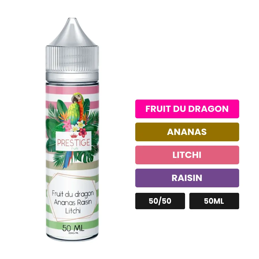 E-liquide Fruit Du Dragon Ananas Raisin Litchi de Prestige Fruits, 50 ml, saveurs fruit du dragon, ananas, litchi et 1 autre.