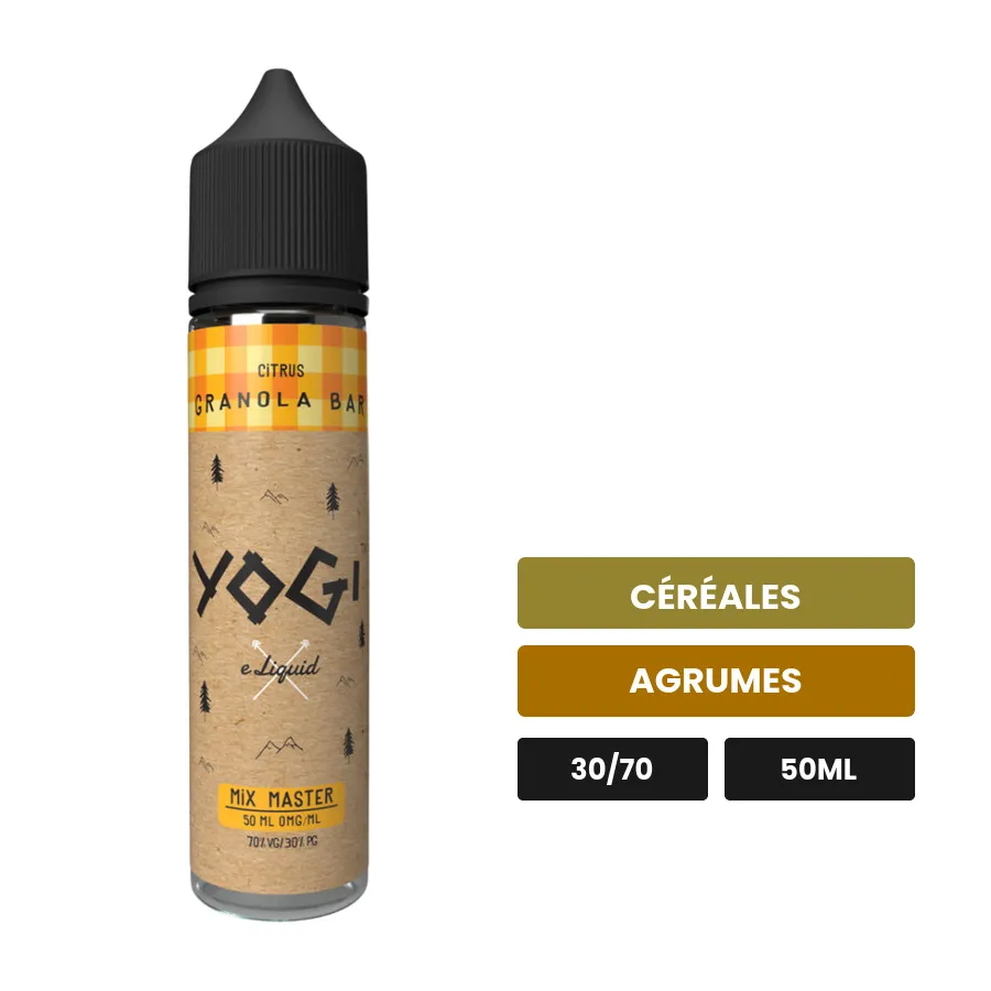 E-liquide Citrus Granola Bar d'Yogi, 50 ml, saveurs céréales et agrumes, sans nicotine — prêt à booster de nicotine.
