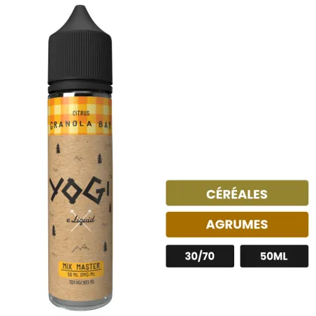 E-liquide Citrus Granola Bar d'Yogi, 50 ml, saveurs céréales et agrumes, sans nicotine — prêt à booster de nicotine.
