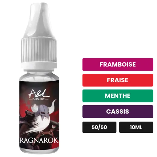 E-liquide Ragnarok d'A&l, 10 ml, saveurs framboise, fraise, menthe et 4 autres.