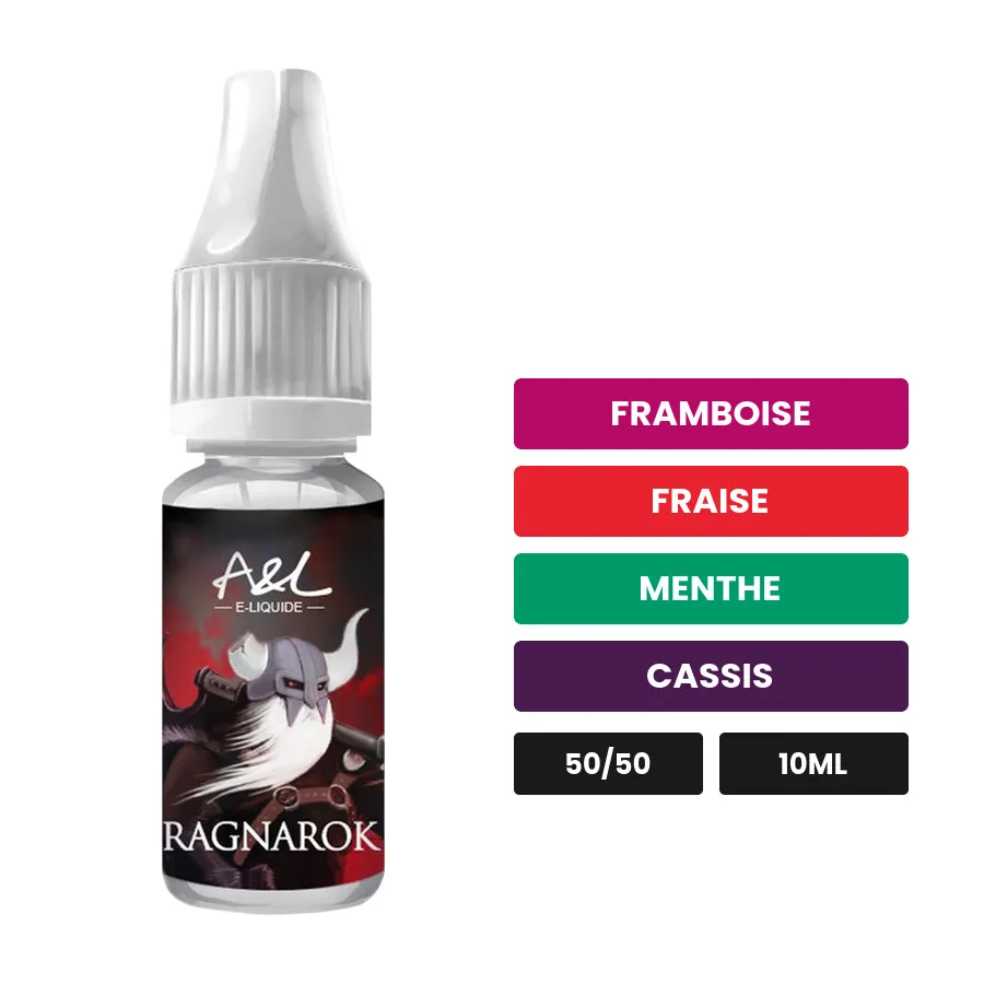 E-liquide Ragnarok d'A&l, 10 ml, saveurs framboise, fraise, menthe et 4 autres.