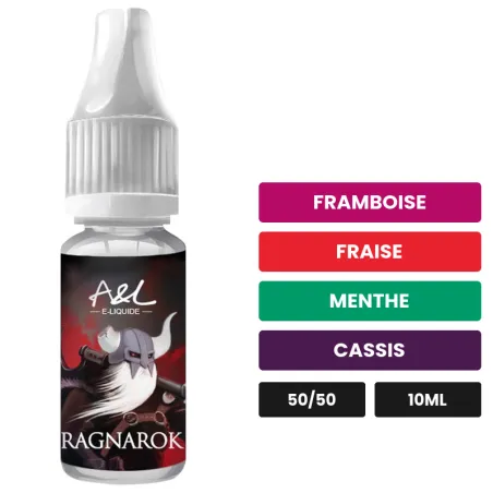 E-liquide Ragnarok d'A&l, 10 ml, saveurs framboise, fraise, menthe et 4 autres.