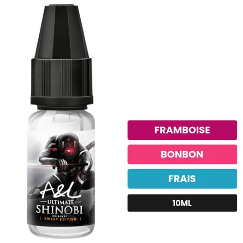 Arome concentre Shinobi d'A&l, 10 ml, saveurs framboise, bonbon et frais.