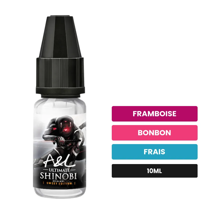 Arome concentre Shinobi d'A&l, 10 ml, saveurs framboise, bonbon et frais.