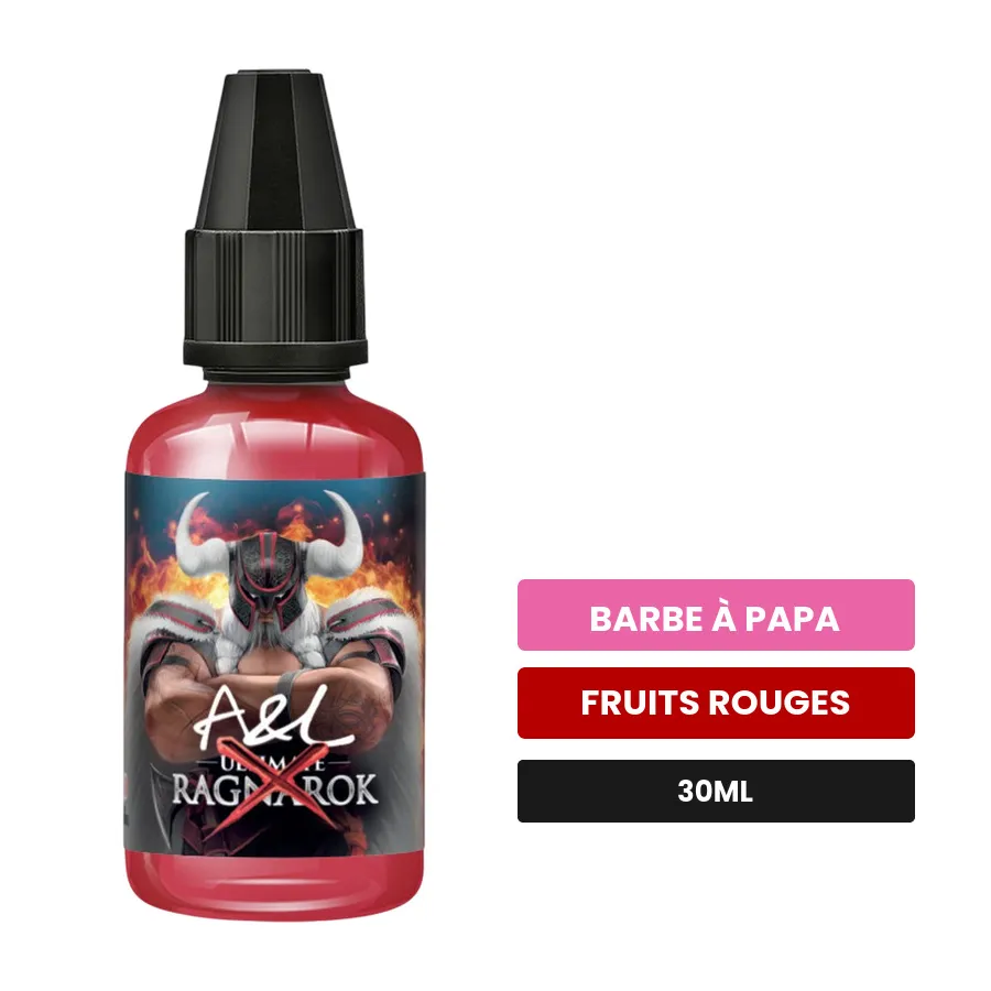Arome concentre Ragnarok X d'A&l, 30 ml, saveurs barbe à papa et fruits rouges.