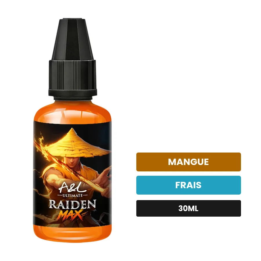 Arome concentre Raiden MAX d'A&l, 30 ml, saveurs mangue et frais.