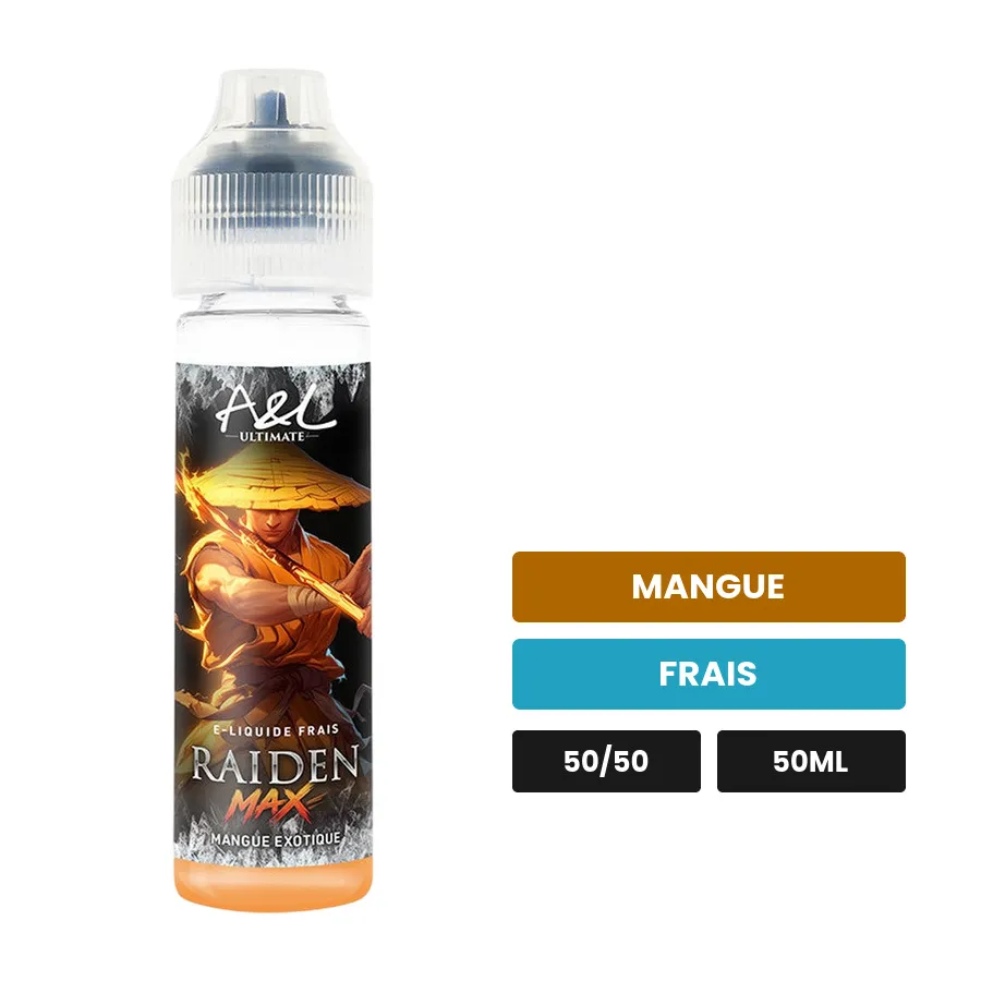 E-liquide Raiden MAX d'A&l, 50 ml, saveurs mangue et frais.