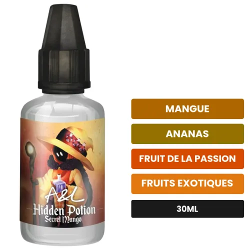 Arome concentre Secret Mango d'A&l, 30 ml, saveurs mangue, ananas, fruit de la passion et 1 autre.