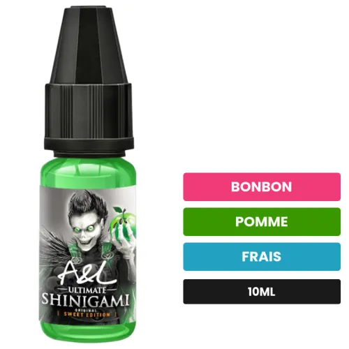 Arome concentre Shinigami d'A&l, 10 ml, saveurs bonbon, pomme et frais.