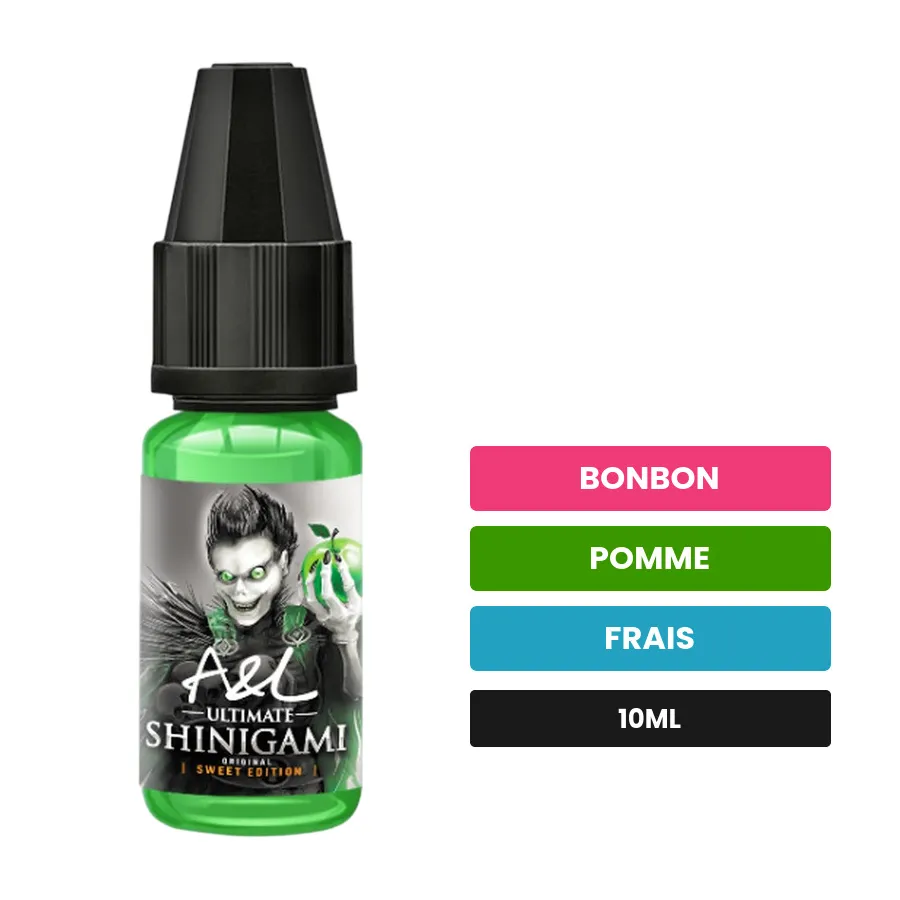 Arome concentre Shinigami d'A&l, 10 ml, saveurs bonbon, pomme et frais.