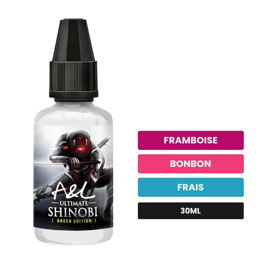 Arome concentre Shinobi Green Edition d'A&l, 30 ml, saveurs framboise, bonbon et frais.