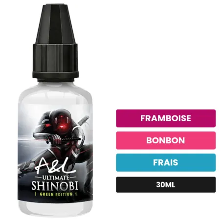 Arome concentre Shinobi Green Edition d'A&l, 30 ml, saveurs framboise, bonbon et frais.