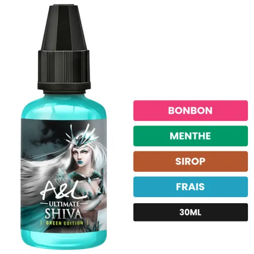 Arome concentre Shiva Green Edition d'A&l, 30 ml, saveurs bonbon, menthe, sirop et 1 autre, sans nicotine — arôme à diluer.