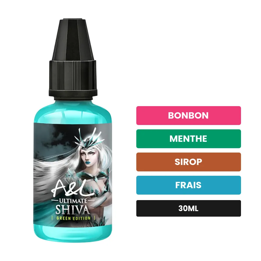 Arome concentre Shiva Green Edition d'A&l, 30 ml, saveurs bonbon, menthe, sirop et 1 autre, sans nicotine — arôme à diluer.