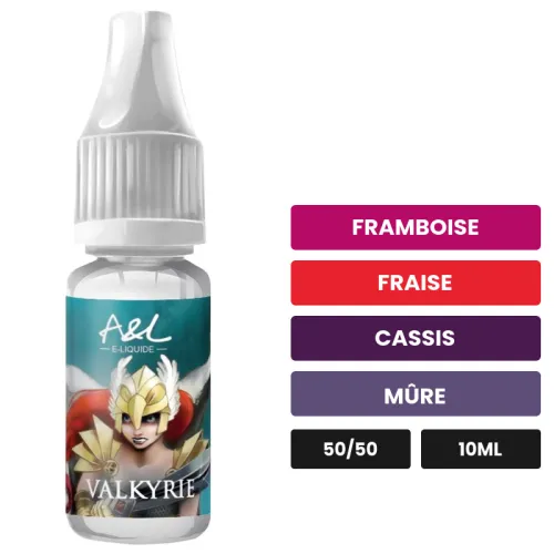 E-liquide Valkyrie d'A&l, 10 ml, saveurs framboise, fraise, cassis et 4 autres.