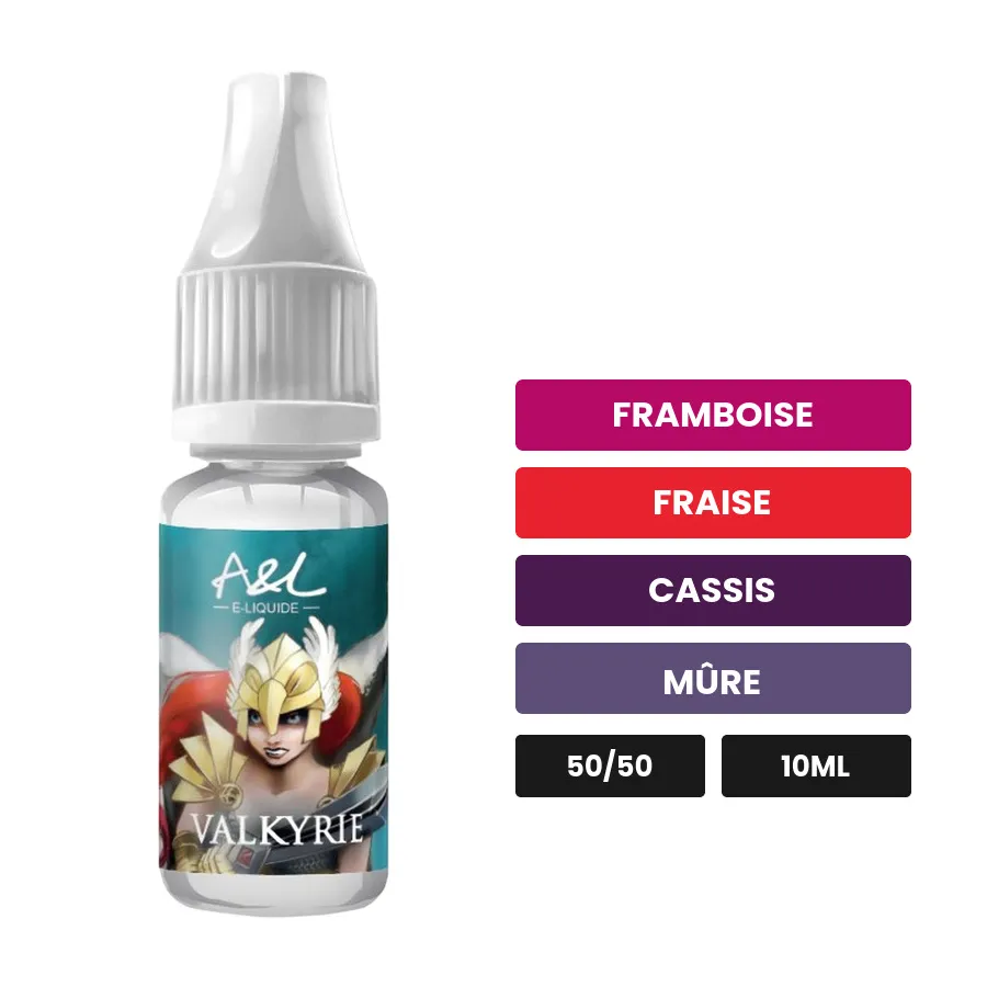 E-liquide Valkyrie d'A&l, 10 ml, saveurs framboise, fraise, cassis et 4 autres.