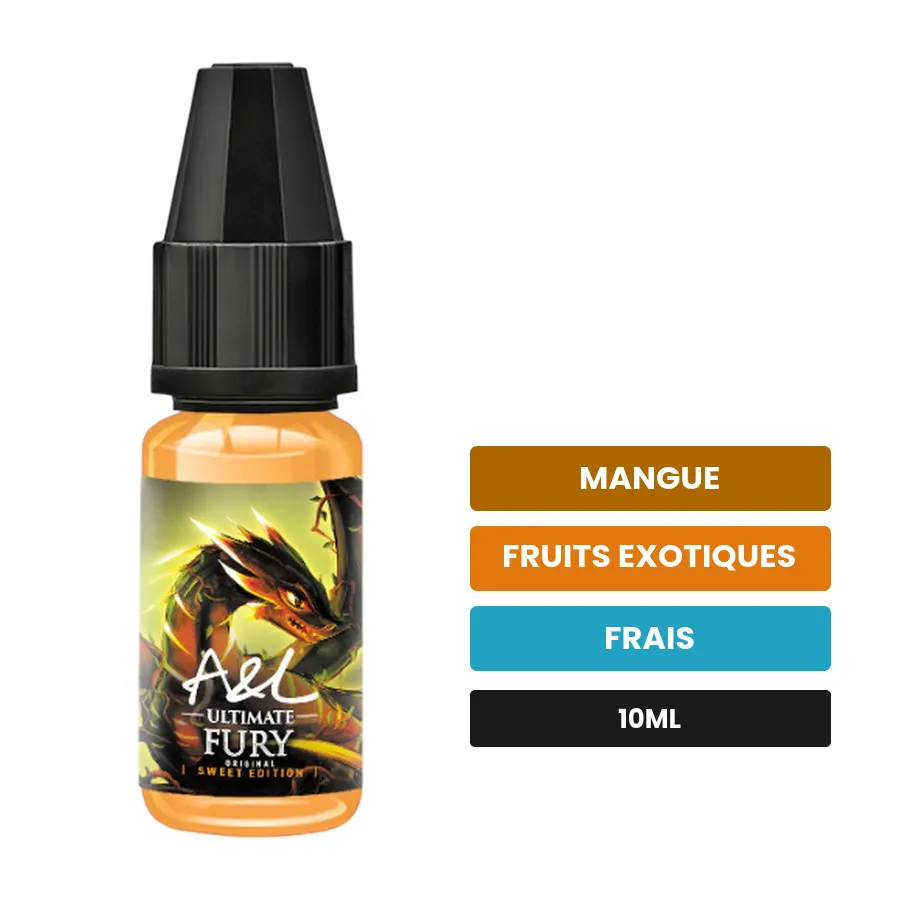 Arome concentre Fury d'A&l, 10 ml, saveurs mangue, fruits exotiques et frais.
