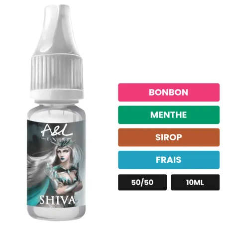 E-liquide Shiva d'A&l, 10 ml, saveurs bonbon, menthe, sirop et 1 autre.