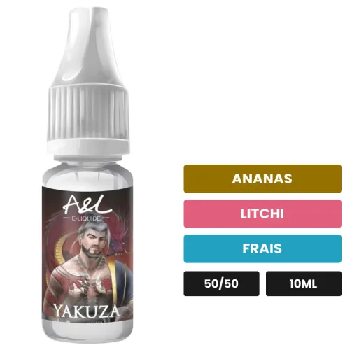 E-liquide Yakuza d'A&l, 10 ml, saveurs ananas, litchi et frais.