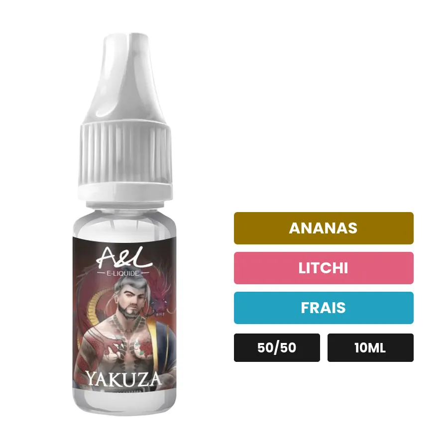 E-liquide Yakuza d'A&l, 10 ml, saveurs ananas, litchi et frais.
