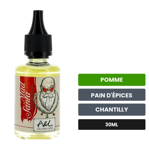 Arome concentre Mad Santa d'A&l, 30 ml, saveurs pomme, pain d'épices et chantilly.