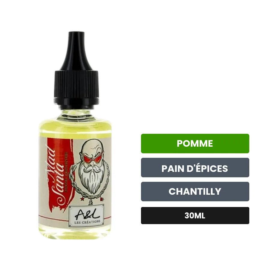 Arome concentre Mad Santa d'A&l, 30 ml, saveurs pomme, pain d'épices et chantilly.
