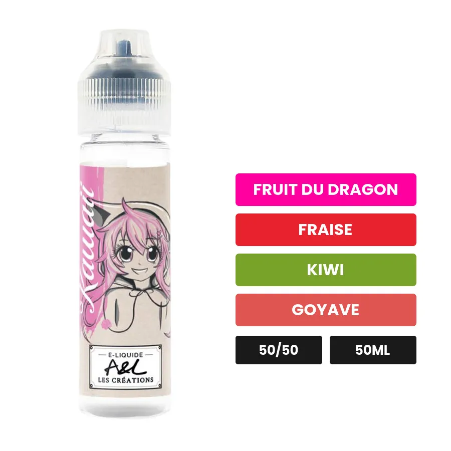 E-liquide Kawaii d'A&l, 50 ml, saveurs fruit du dragon, fraise, kiwi et 1 autre.