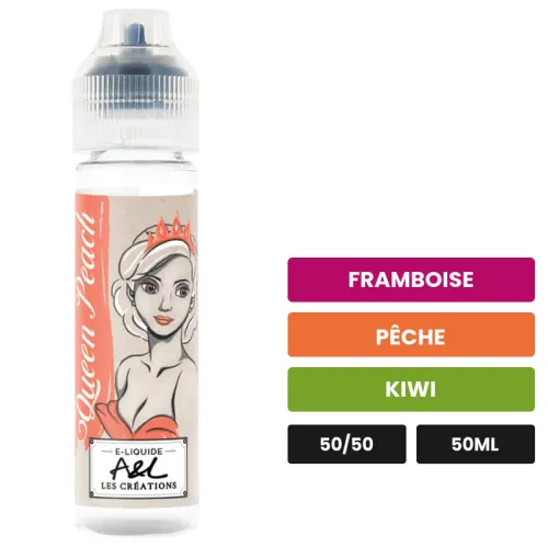 E-liquide Queen Peach d'A&l, 50 ml, saveurs framboise, pêche et kiwi.