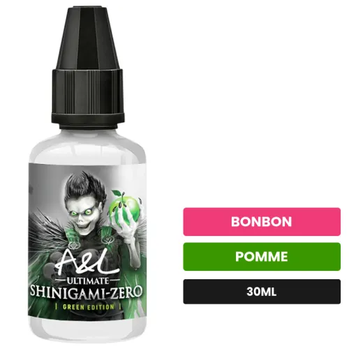 Arome concentre Shinigami Zero Green Edition d'A&l, 30 ml, saveurs bonbon et pomme.