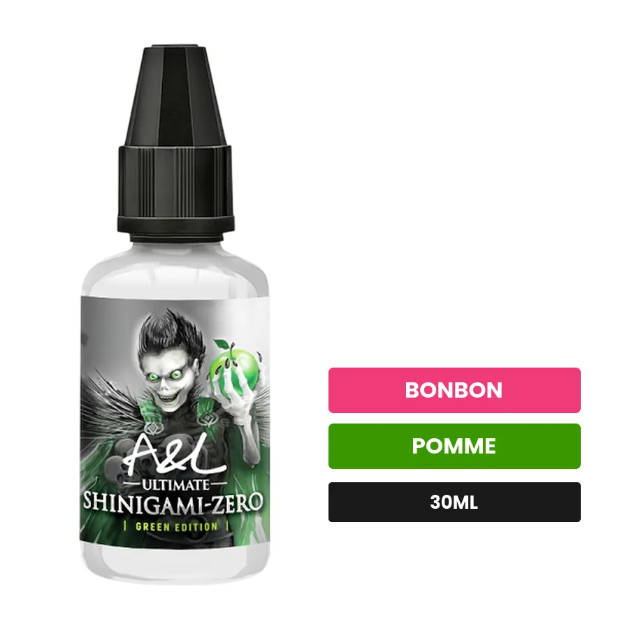 Arome concentre Shinigami Zero Green Edition d'A&l, 30 ml, saveurs bonbon et pomme.