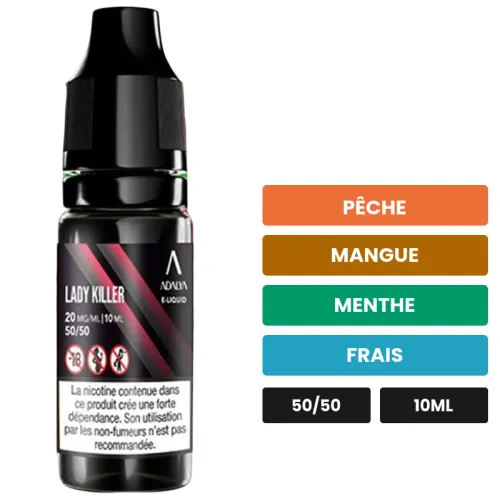 E-liquide Lady Killer d'Adalya, 10 ml, saveurs pêche, mangue, menthe et 1 autre.